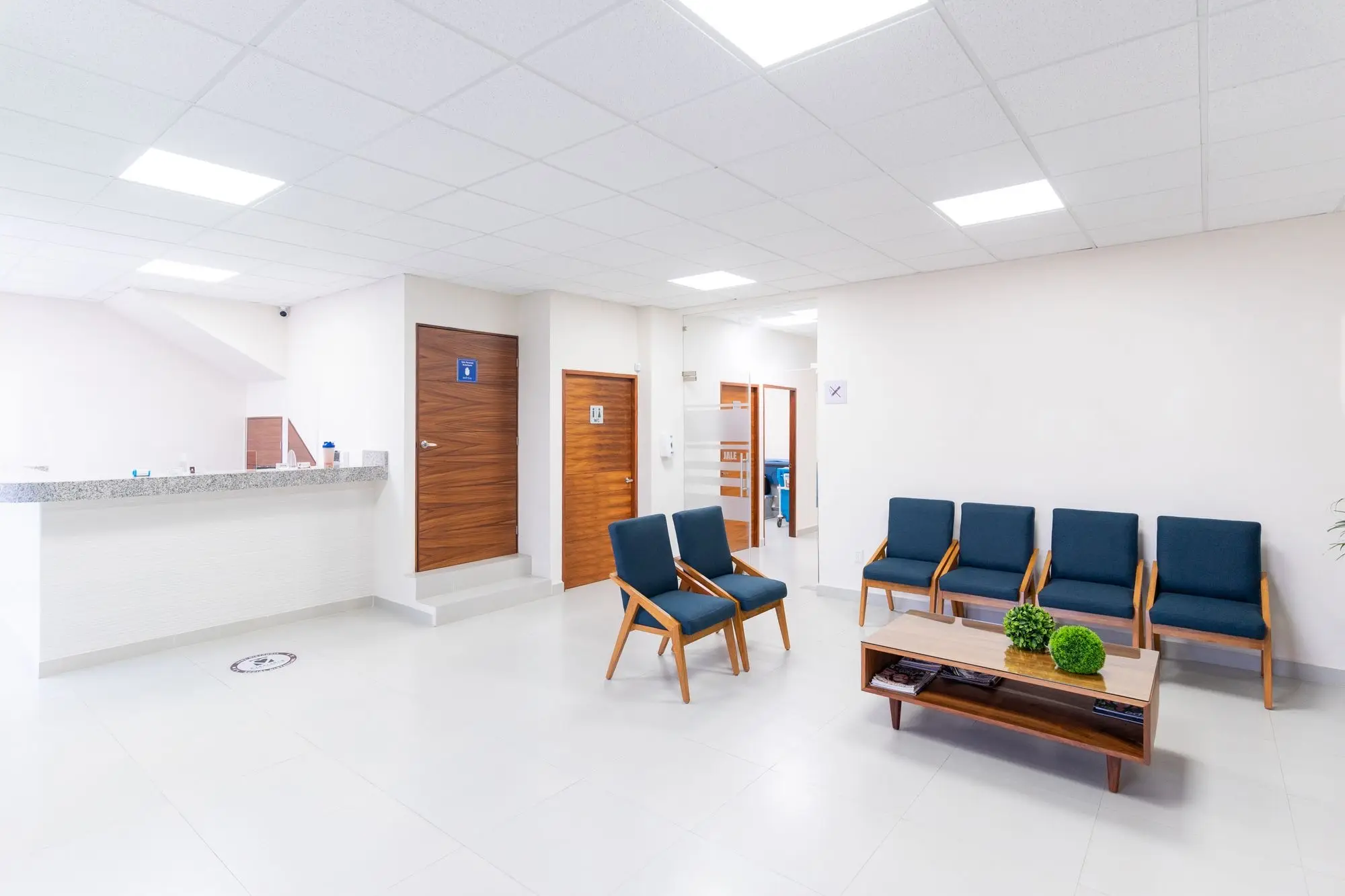 Recepción y sala de espera con sillas azules y mesa de centro de madera